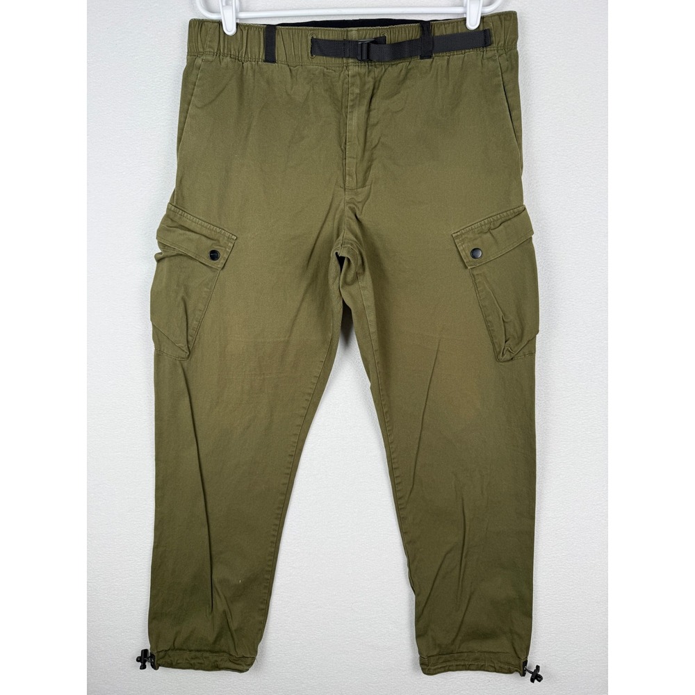 Kennedy Denim Co Cargo Pants Mens L Green Elastic Waist Belted Joggers Cinch Hem